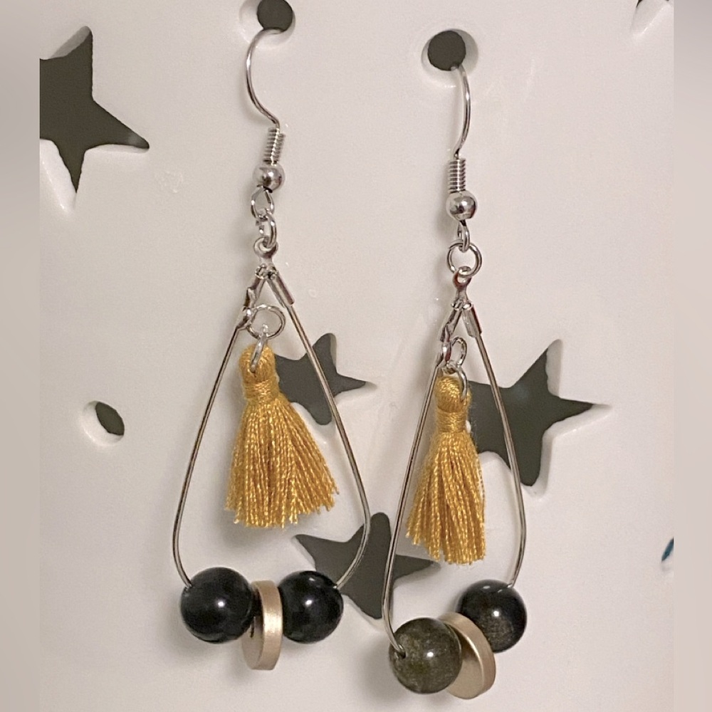 Handmade Golden Obsidian Natural Stone Hypoallergenic Teardrop Hoop Earrings